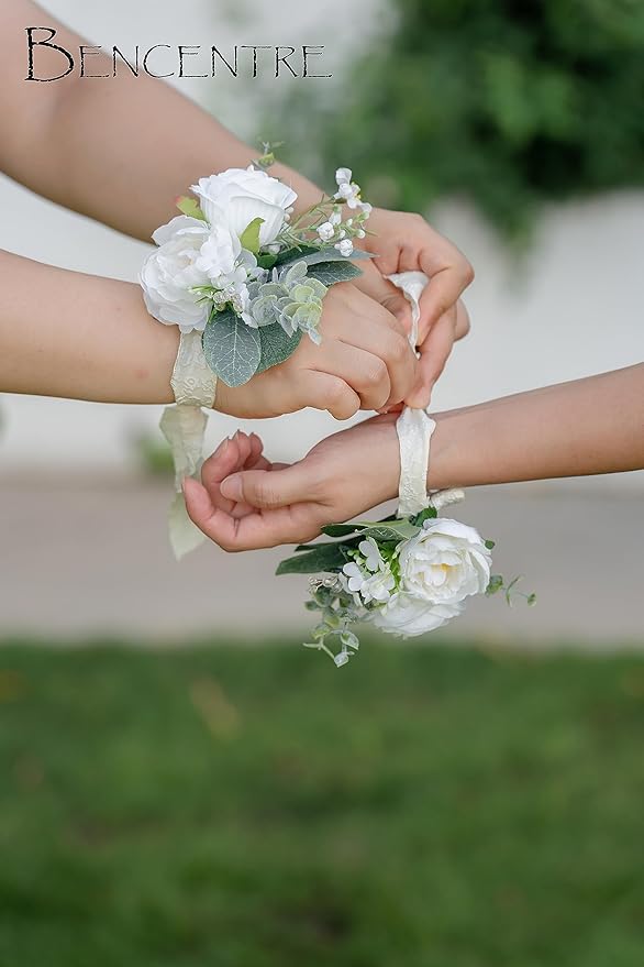 White Corsages for Wedding(Set of 6),Corsages for Prom,Party Prom Hand Flower Decor,Mother of The Bride Corsage,Bridesmaid Wrist Corsage