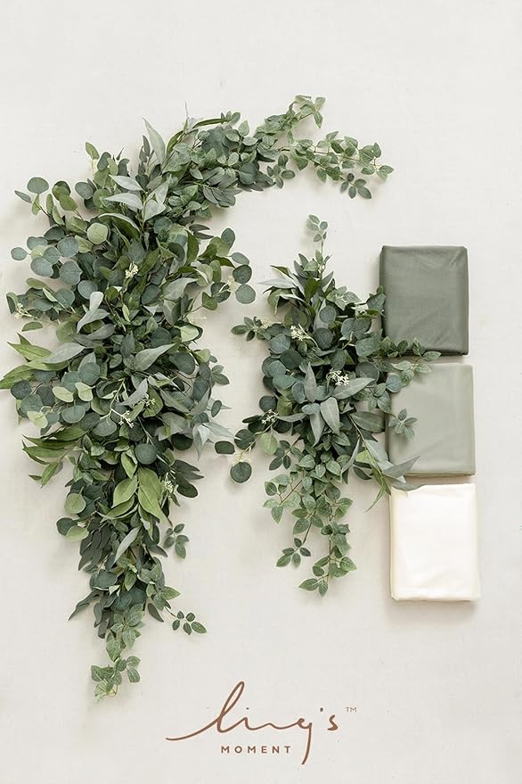 Ling's moment Wedding Arch Flowers with Sheer Drapes Kit - Artificial Green Floral Arrangements for Ceremony Backdrop, Spring Greenery Arbor Decor, 5-Piece Set (2 Flower Stems + 3 Hanging Drapes)