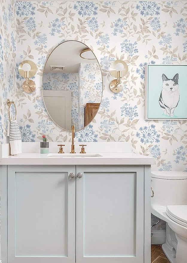 Heroad Boho Floral Wallpaper Blue/Beige Peel and Stick Wallpaper Neutral Leaf Contact Paper Removable Self Adhesive Wall Paper for Cabinet Bedroom Bathroom Waterproof Decor Vinyl Roll 17.3''x78.7''