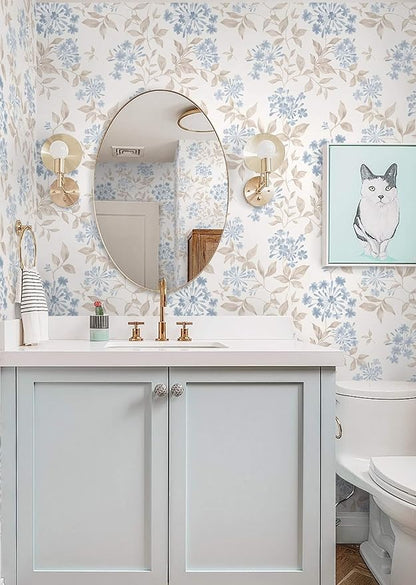 Heroad 17.3''x32.8ft Boho Floral Wallpaper Blue/Beige Peel and Stick Wallpaper Neutral Leaf Contact Paper Removable Self Adhesive Wall Paper for Cabinet Bedroom Bathroom Waterproof Decor Vinyl Roll