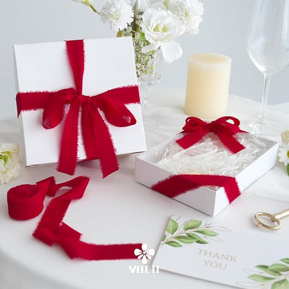 MEEDEE Red Chiffon Ribbon 1 Inch Frayed Ribbons Chiffon Silk Red Fringe Ribbons Thin Chiffon Ribbon for Crafts, Gift Wrapping, Wedding Invitation (3 Rolls 21 Yards)