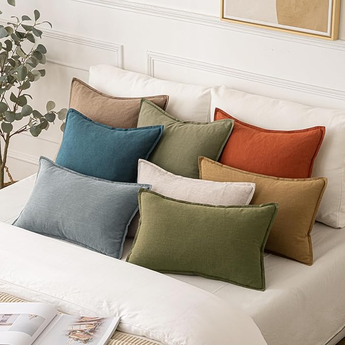 MIULEE Decorative Linen Lumbar Pillow Covers 12x20 Inch Blue Boho Farmhouse Neutral Couch Throw Pillows for Bed Pack of 2 Accent Coastal Modern Pillowcase Summer Sofa Livingroom Home Decor