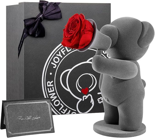 JoyFlower Preserved Flowers with Cute Teddy Bear, Eternal Real Rose Romantic Gift, Red Rose Bear with Gift Box for Girlfriend Wife Her in Valentine's Day, Birthday, Christmas, Weddings, Anniversaries