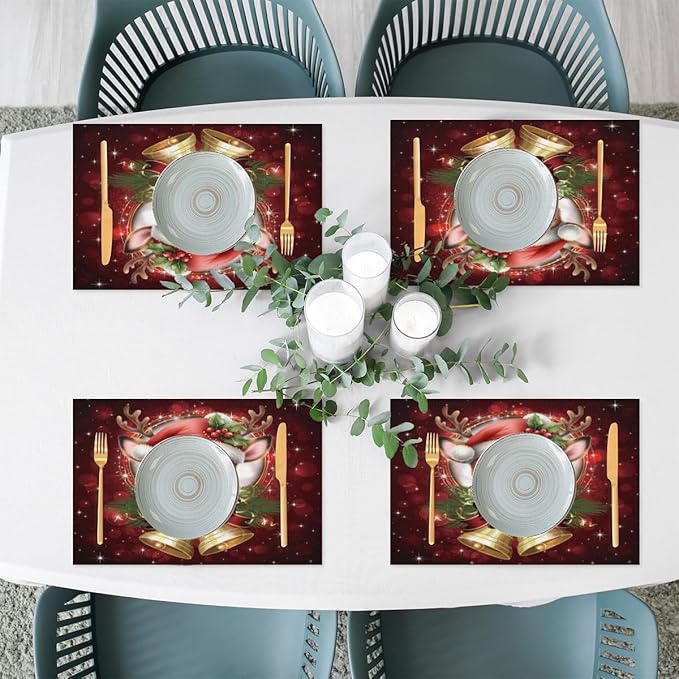 Christmas Xmas Bells Deer Placemats Set of 6 PVC Vinyl Non Slip Table Mats Heat Resistant Place Mats Washable Wipeable Dining Table Mat for Kitchen Decor Party Indoor Outdoor Decorative Gift