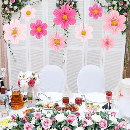 Pink Party Decorations Paper Flowers Decorations for Wall Classroom Paper Fans Floral Backdrop Flower Wall Decor Pack of 9 Pink