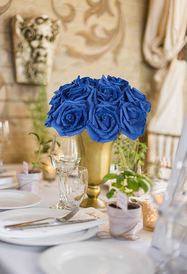 100pcs Royal Blue Glitter Roses 2.56" Foam Roses Glitter Flowers Blue Fake Roses Royal Blue Roses Artificial Flowers for Bridal Shower Centerpieces DIY Wedding Flower Arrangements (Royal Blue)