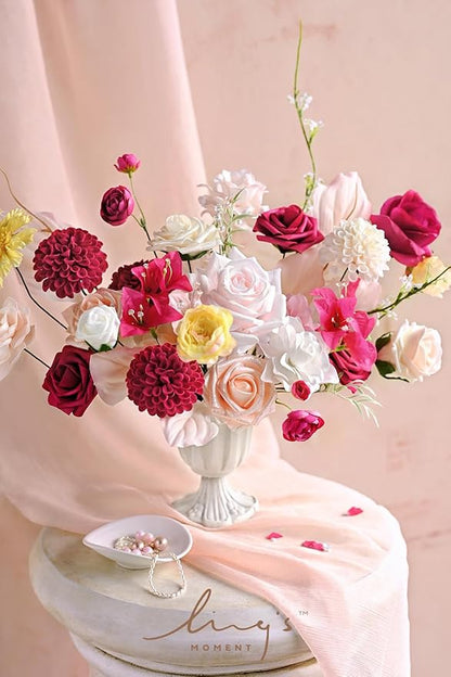 Ling's moment Artificial Flowers 25Pcs Hot Pink Roses Decor w/Stems,3" Real Touch DIY Foam Floral for Wedding Bouquet/Centerpieces, Outdoors Party Backdrop, Room/Table, and Garden/Pot Decorations