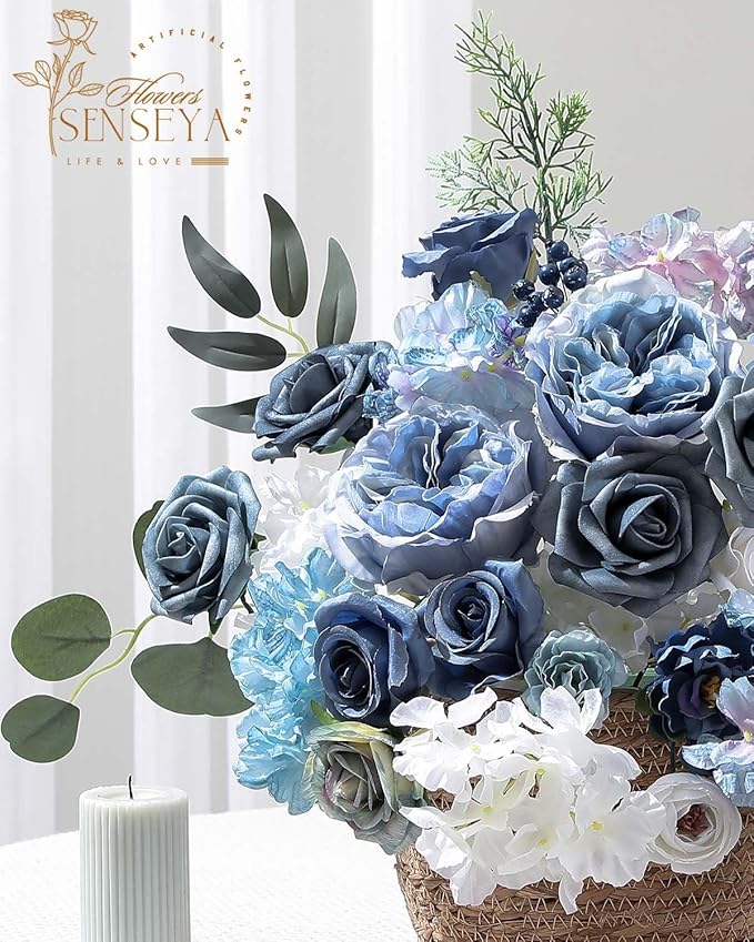 Senseya Artificial Flowers Combo Box for Decoration,Silk Mix Fake Flowers with Stems DIY Wedding Bouquets,Artificial Flowers Bulk Box Set Home Cake Decor (Blue)