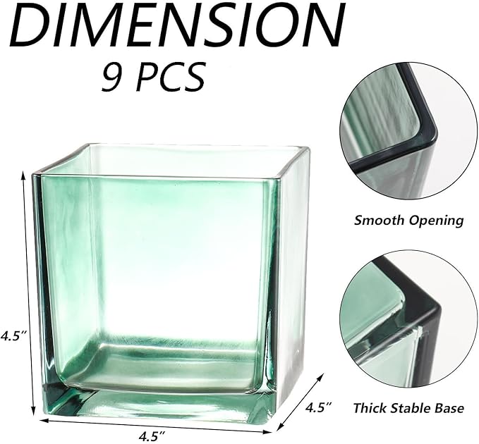Square Glass Vases Set of 9, 5" x 5" x 5" Green Flower Vases for Centerpieces, Square Vase for Flowers, Small Vase for Wedding, Party, Home Office Decoration