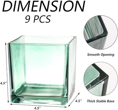 Square Glass Vases Set of 9, 5" x 5" x 5" Green Flower Vases for Centerpieces, Square Vase for Flowers, Small Vase for Wedding, Party, Home Office Decoration