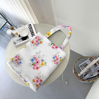 Canvas Tote Bag, Floral Bouquet Aesthetic Cute Girls Women Reusable Grocery Shopping Shoulder Bags for Book, Travel, Work