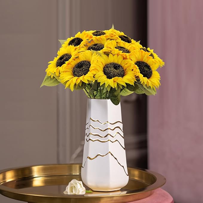 10 Pcs Sunflowers Artificial Flowers with Long Stems Silk Fake Large Sunflowers Bouquet Faux Sunflower Arrangement for Outdoor Indoor Home Vase Table Wedding Party Garden DIY Decor (Yellow)