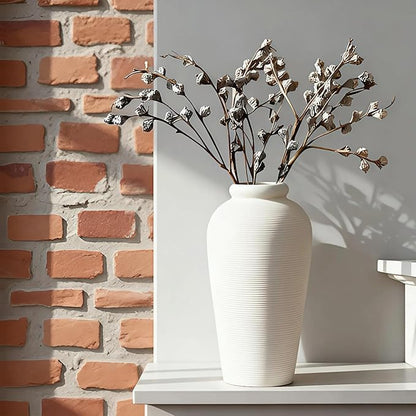 Large Ceramic Vase, 11 inch Minimalist Vase for Home Decor, Handmade Farmhouse Flower Vase for Table Centerpiece, Wedding, Living Room, Kitchen Decoration, Shelf Decor (Rice White)