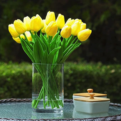 ENOVA FLORAL 20 Pieces Yellow Real Touch Tulips Artificial Flowers in Vase, Fake Tulips Arrangements with Vase and Faux Water for Home Wedding Decoration, Dining Table (Yellow)