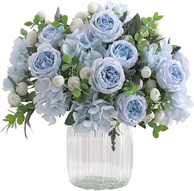 4 Bunches Artificial Flowers for Decoration Blue Peonies Fake Roses Arrangements Table Centerpiece Faux Flores for Wedding Home Vase Decor