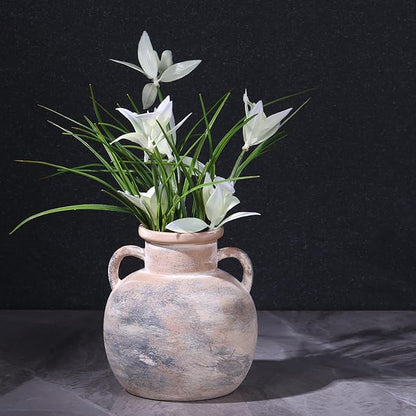 5.9in Rustic Ceramic Farmhouse Flower Small Vase, Beige Terracotta Pottery Decorative Vases Distressed, Round Vases with Handles for Home Wabi Sabi Coffee Table Entryway Decor or Kitchen Utensils