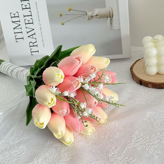 Artificial Floral Tulip Bouquet 20pcs Artificial Tulip Flowers,Bridesmaid Bouquet with Wedding Ceremony Festivals Anniversary Bridal Rehearsal Party Bar Table Decor(Light Pink and Pink)
