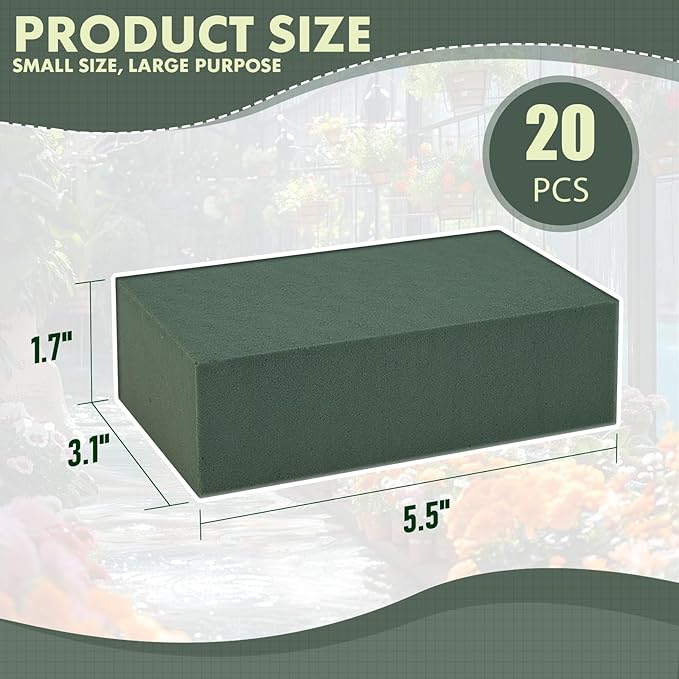 20 Pcs Floral Foam Blocks, 5.5"L x 3.1"W x 1.7"H Green Dry & Wet Flower Foam for Fresh and Artificial Flowers, Plant Foam for Wedding, Birthdays, Pary, Home Decorations