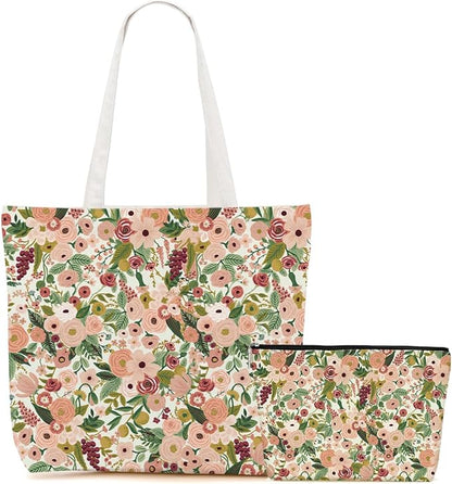 Aesthetic Floral Tote Bag Makeup Bag Flower Decor Gifts for Girls Christmas Shopping Grocery Bags Cosmetic Bags