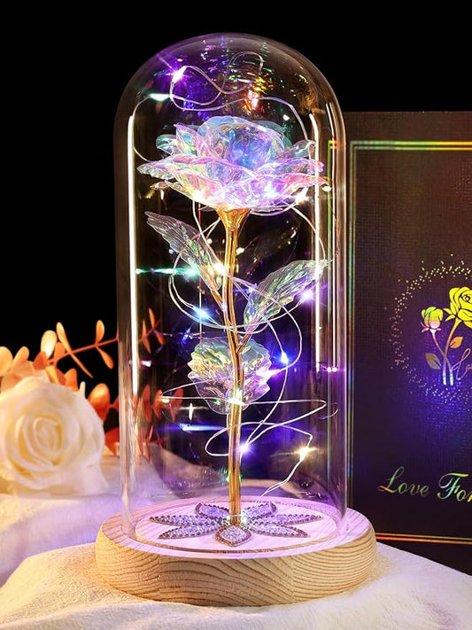 Mothers Day Flowers Gifts for Mom, Birthday Gifts for Women, Galaxy Glass Rose Gifts for Grandma Wife Daughter Artificial Forever Preserved Flowers for Delivery Prime Rose in Glass Dome, Colorful