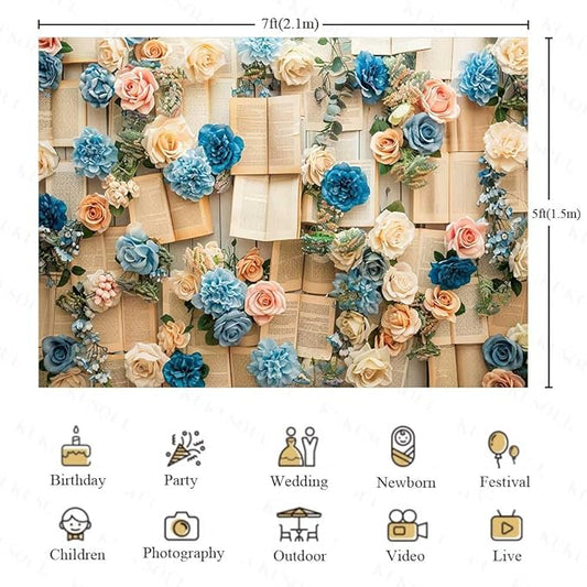 7x5FT Vintage Books Wall Backdrop Pink and Blue Rose Spring Flowers Books Page Backdrop for Kid Girls Birthday Party Decor Baby Shower Wedding Decoration Supplies KUBDJ1094