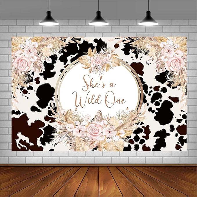 7x5ft She's a Wild One Backdrop for Girl 1st Birthday Party Decorations Holy Cow Highland Cattle Jungle Safari Rainforest Boho Floral Photography Background Bday Banner Photo Shoot Props