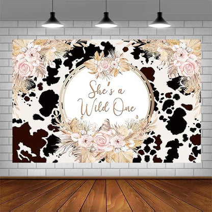 7x5ft She's a Wild One Backdrop for Girl 1st Birthday Party Decorations Holy Cow Highland Cattle Jungle Safari Rainforest Boho Floral Photography Background Bday Banner Photo Shoot Props