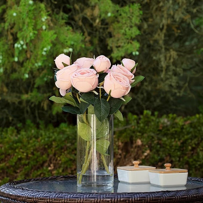 ENOVA FLORAL 9 Heads Silk Rose Artificial Flowers in Vase,Faux Rose Flowers Arrangement in Vase with Faux Water for Table Decor Centerpieces (Light Pink)