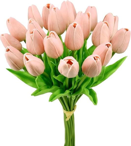 Mandy's Artificial Tulips 20 Stems Dusty Pink PU Faux Flowers for Thanksgiving and Christmas Decorations Wedding Home Decor 13.5 Inch