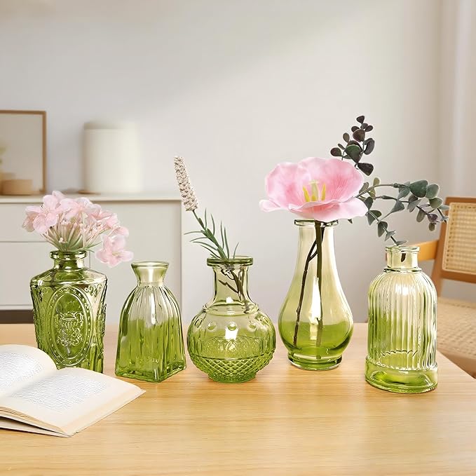 Green Small Bud Vases in Bulk 12, Vintage Embossed Flower Vases for Centerpieces, Boho Glass Vase for Flowers, Decorative Mini Vase for Wedding Decoration Party Baby Shower Home Dining Table