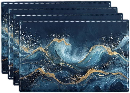 Abstract Blue Wave Placemats Set of 4, Sea Navy Double-Sided Table Mats for Kitchen Home Party Indoor Decor 4 PCS