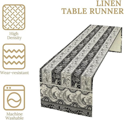 Vintage Bohemian Table Runner, Striped Black Grey Paisley Flower Boho Table Runner for Kitchen Dining Holiday Home Party, 13x70 Inch