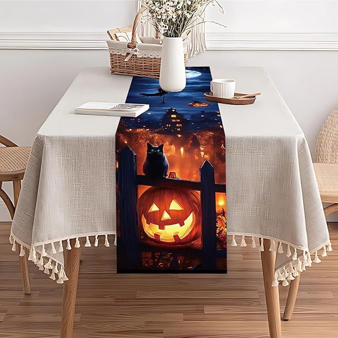 Halloween Witch & Full Moon Table Runner – 13x72 Inch Spooky Halloween Decor with Witch Silhouette and Moon Design, Durable Linen-Look Fabric for Dining Tables & Parties