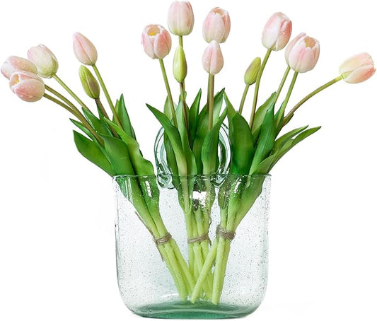 15pcs Artificial Tulips Flowers, Real Touch Latex Bouquet, Fake Tulips for Office Wedding Party Home Kitchen Garden Decoration-B Powder Pink