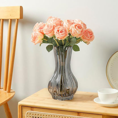 8" Decorative Modern Flower Vase with Twine Rope for Floral Arrangements, Wide Mouth Large Clear Glass Vase for Bouquet(Transparent) (Grey, 01)