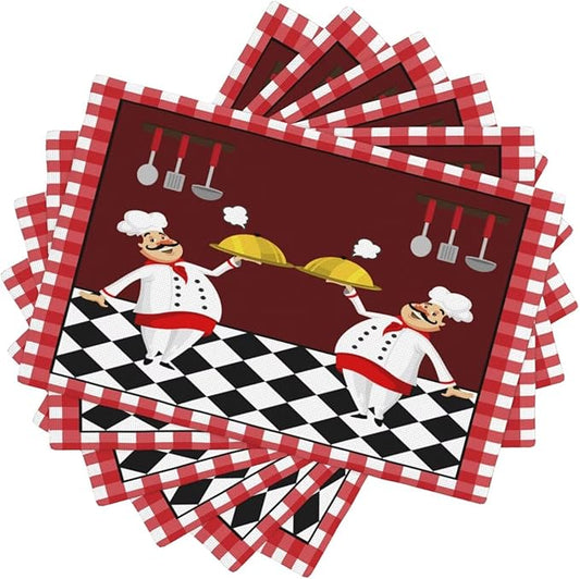 Fat Chef Kitchen Linen Placemats Set of 6 Red Plaid Cooking Theme Placemats for Indoor Outdoor Party Home Desktop Dining Room Decor 12x18 Inch