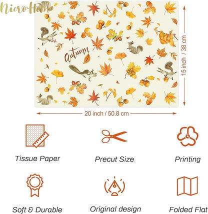 NICROHOME EUR Fall Wrapping Tissue Paper, 24 Sheet Orange Autumn Maple Leaves Gift Wrap Tissue Paper for Fall Baby Shower Wedding Party Decor, Thanksgiving Day Gift Packaging Supplies 15 x 20 Inch