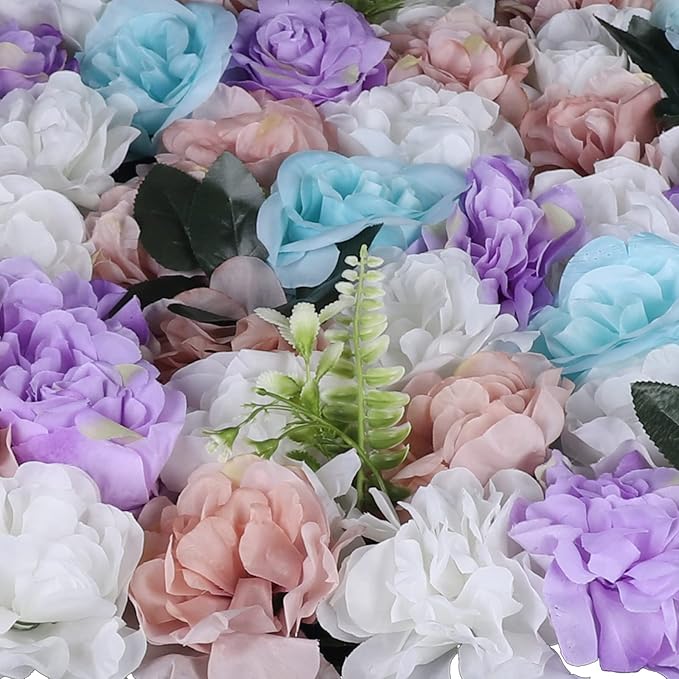 LOYALHEARTDY 12 Pack Artificial Flower Wall Panels 24" x 16" Purple & White Faux Roses Artificial Flower Backdrop Panels for Wedding Party Event Flower Wall Decor