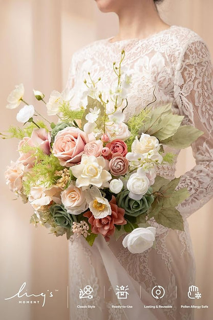 Ling's moment Coral Pink Wedding Bouquets for Bride, Blush Garden Bridal Bouquets for Bride, 13 Inch Free Form Artificial Wedding Flower Bouquet