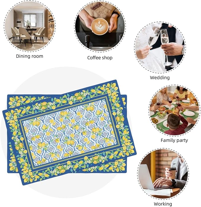 Lemon Placemats Set of 4, Farmhouse Blue Yellow Fruits Spring Summer Double-Sided Table Mats for Kitchen Dining Room Home Party Indoor Decor 4 PCS 12x18 Inch