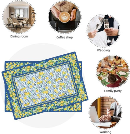 Lemon Placemats Set of 4, Farmhouse Blue Yellow Fruits Spring Summer Double-Sided Table Mats for Kitchen Dining Room Home Party Indoor Decor 4 PCS 12x18 Inch