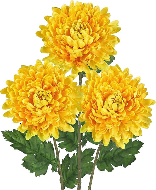 Hollyone 3Pcs Fake Mums Flowers Yellow Artificial Chrysanthemum Flowers Silk 30" Long Stem Floral Arrangements Bouquets Faux Spider Mum Flower Pincushion Flower Bush Spring Home Decor