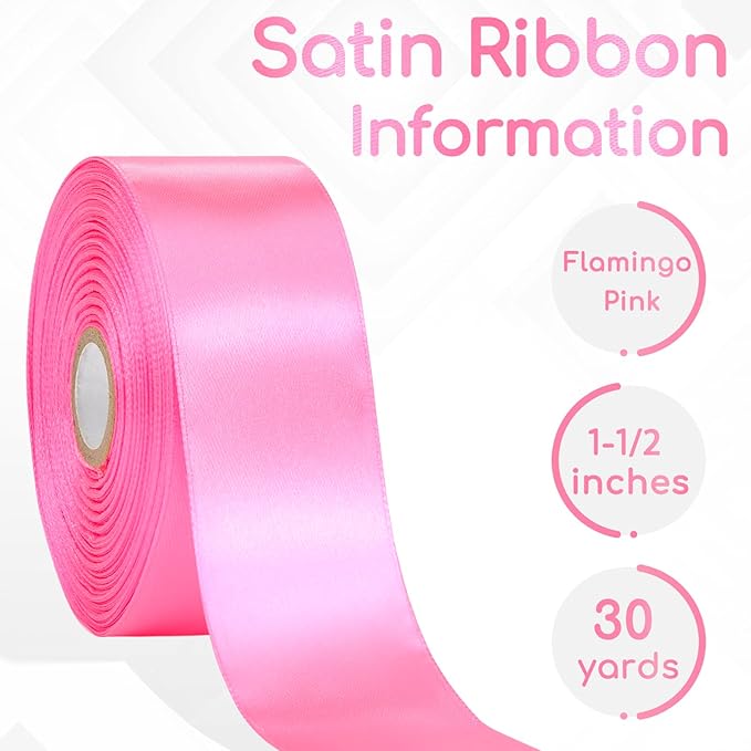 30 Yards Flamingo Pink Ribbon 1-1/2 Inch, Flamingo Pink Satin Ribbon for Gift Wrapping, Flower Bouquet, Crafts, Christmas, Wedding and Bow Making
