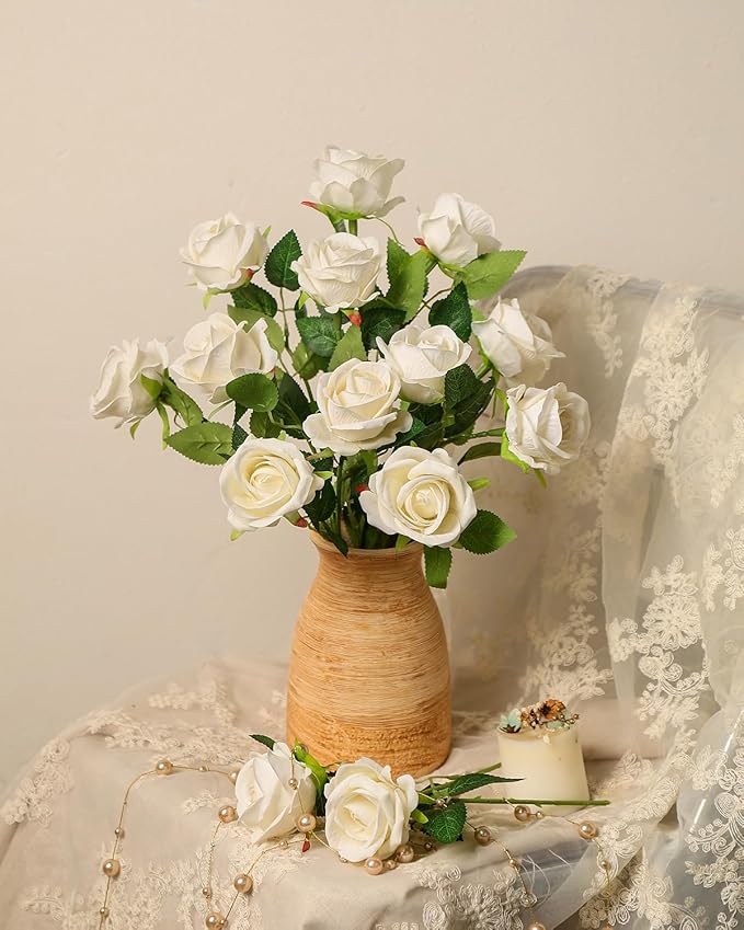 LFF 50 Pcs Realistic White Artificial Roses - Premium Velvet Faux Flowers for Wedding Bouquet, Centerpieces, Home & Party Decoration(White)