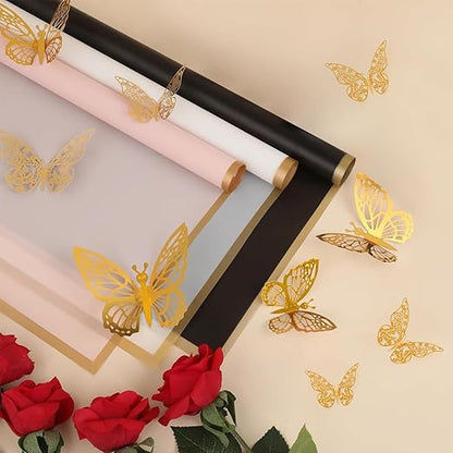 Woohome 152 PCS Flower Bouquet Wrapping Paper Floral Wrap Sheets Gift Packaging Paper with 3D Butterflies Diamond Pins Ribbons for Wedding Valentines Florist Supplies, Black