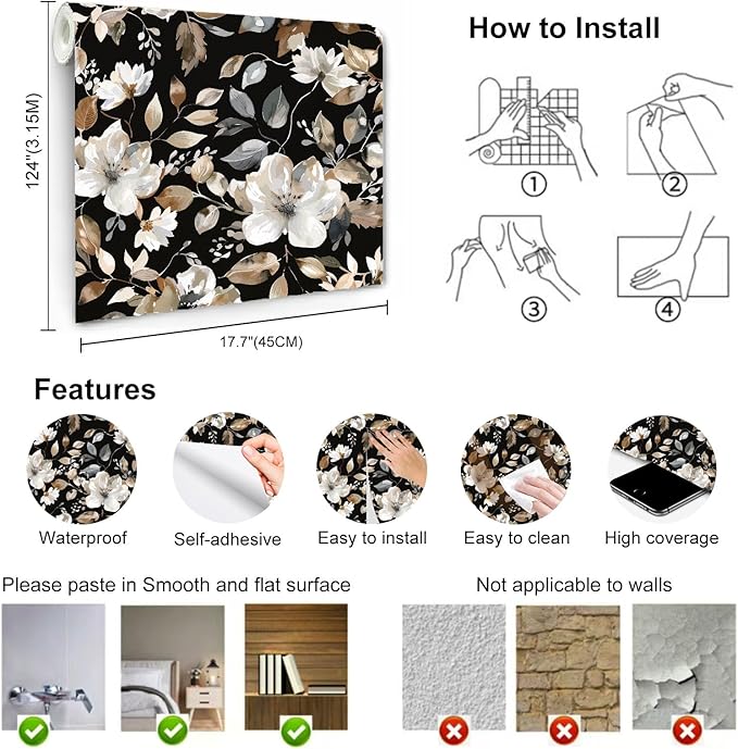 Vintage Dark Black Floral Peel and Stick Wallpaper Modern Botanical Flower Waterproof Removable Self Adhesive Vinyl Contact Wall Paper for Farmhouse Bathroom 17.7" X 124" Roll