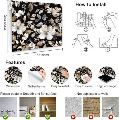 Vintage Dark Black Floral Peel and Stick Wallpaper Modern Botanical Flower Waterproof Removable Self Adhesive Vinyl Contact Wall Paper for Farmhouse Bathroom 17.7" X 124" Roll
