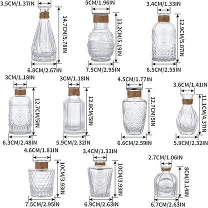 MDLUU Glass Bud Vases, Decorative Glass Bottles, Vintage Embossed Different Shapes for Wedding Centerpiece, Party, Home Decor, Set of 10 Clear