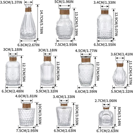 MDLUU Glass Bud Vases, Decorative Glass Bottles, Vintage Embossed Different Shapes for Wedding Centerpiece, Party, Home Decor, Set of 10 Clear