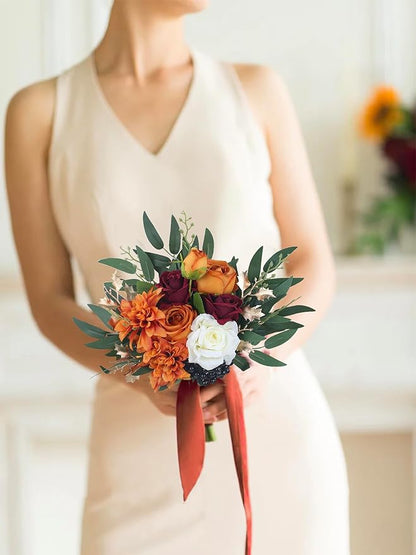 Rinlong Fall Wedding Bouquets for Bridesmaids Burnt Orange Bridesmaid Artificial Flowers Terracotta Bouquet Wedding Prom Homecoming